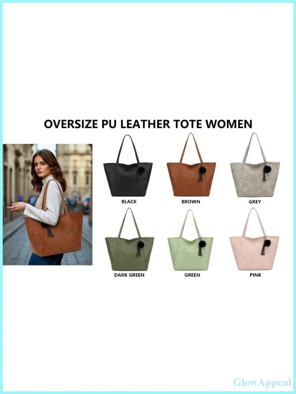 Large PU Leather Tote Bag for Women with Zipper, Travel Purse